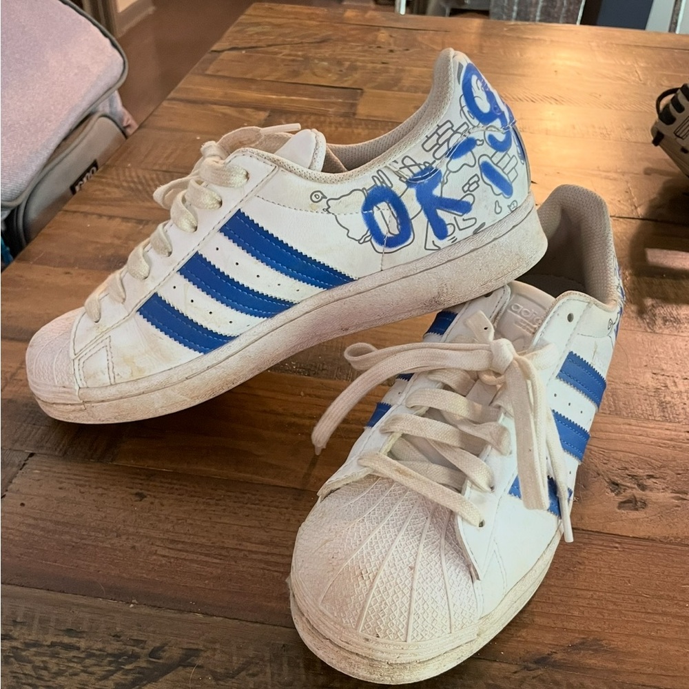 Adidas White and Blue Superstar Sneakers